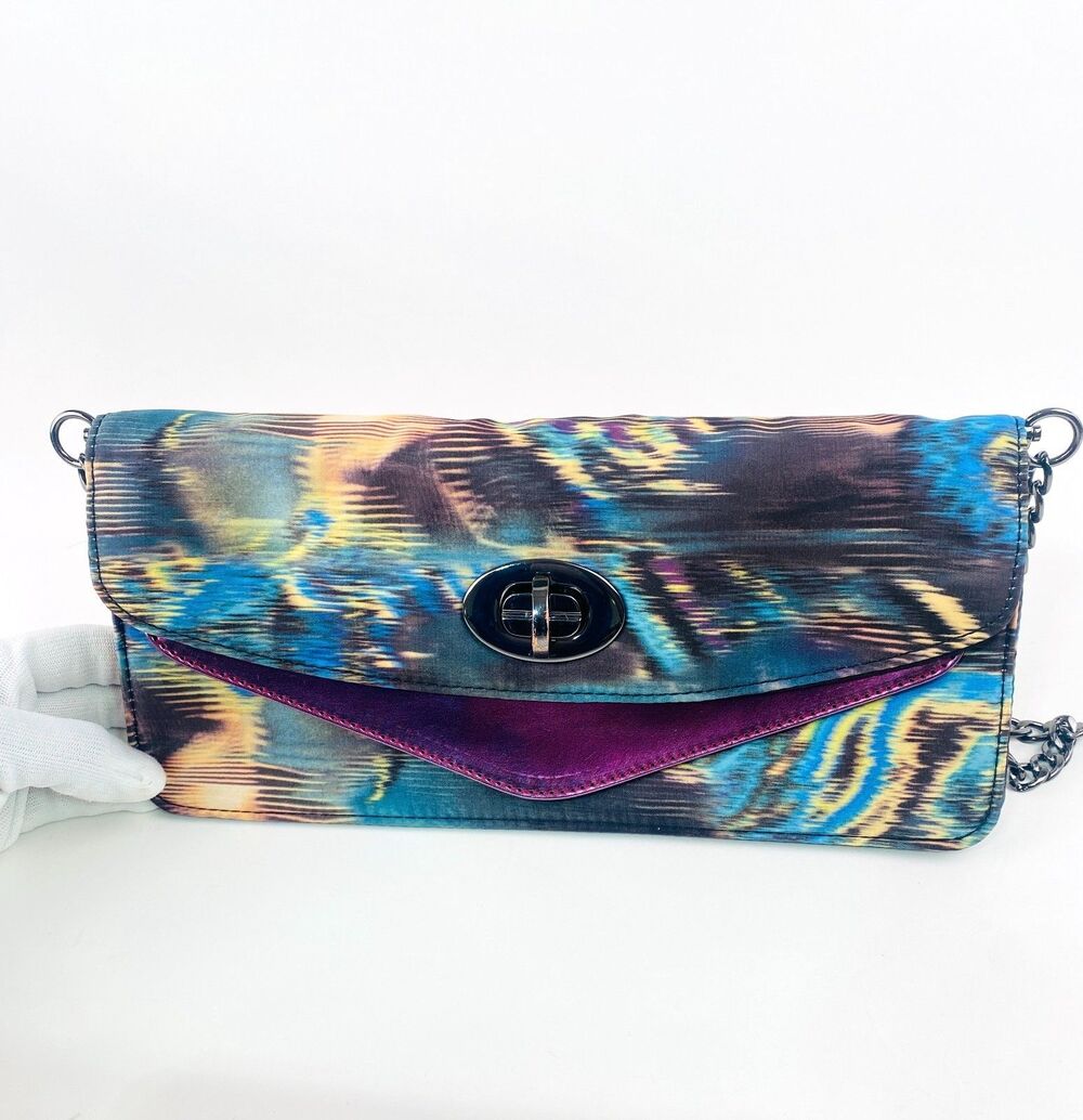 ALDO Multicolor Satin Exterior Chain Clutch Evening Bag Purse Gunmetal Chain - Picture 4 of 16